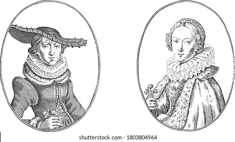 Two depictions on an album page. On the left the courtesan Maria van Strasbourg and on the right the butcher's wife Catrijn van Praag, vintage engraving.
