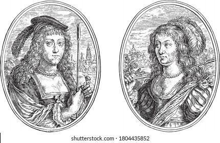 Two depictions on an album page. Portraits of two unknown women with shepherd's staff, such as Sedia N.O. and Macarea Nam. A cityscape in the background of both performances, vintage engraving.