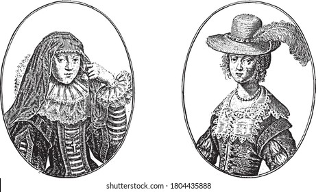 Two depictions on an album page. On the left the courtesan named Signora Isabella and on the right Schone Mayken (Maria), both from Brussels, vintage engraving.