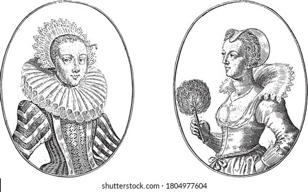 Two depictions on an album page. On the left the courtesan called Schone Jenne van Arras and on the right Marotte van Nancy, vintage engraving.