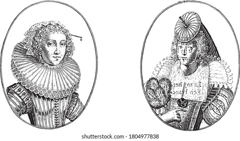 Two depictions on an album page. On the left the courtesan named Schone Maritje from Delft and on the right Madame Agnes de Vit from The Hague, vintage engraving.