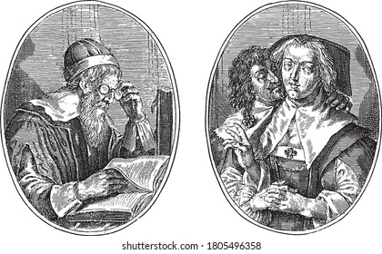 Two depictions on an album page. On the left an old man, a professor of philosophy. With glasses on his nose, vintage engraving.