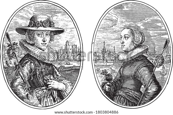 Two depictions on an album page.\
Portraits of two unknown women from Haarlem, both with shepherd\'s\
staff, as Falconetta H. and Anhela H., vintage\
engraving.