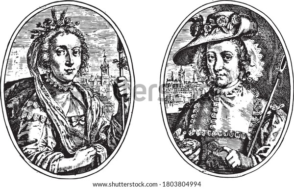 Two depictions on\
an album page. Portraits of two unknown women, both with a\
shepherd\'s staff, like Sedruinea R. and Amarilea R. (Maria from\
Rotterdam?)., vintage\
engraving.