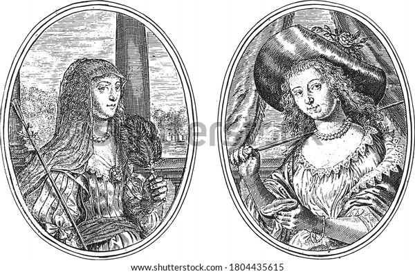 Two\
depictions on an album page. Portraits of two unknown women, with\
shepherd\'s staff, like Lugdunea B. and Athaeniana B.H.G.R.E.S.\
Numbered at the bottom: 24, vintage\
engraving.