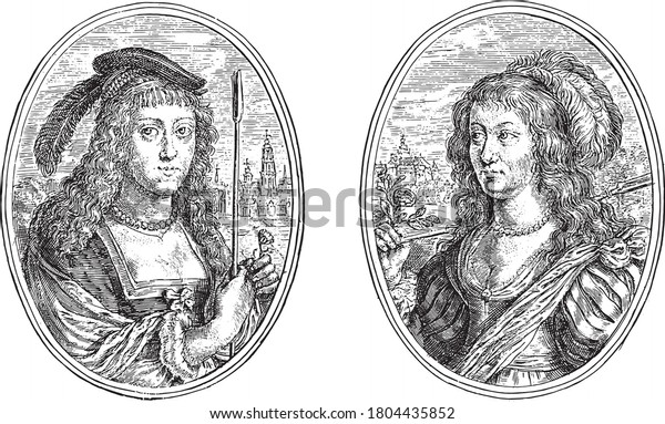 Two depictions on an album page. Portraits of\
two unknown women with shepherd\'s staff, such as Sedia N.O. and\
Macarea Nam. A cityscape in the background of both performances,\
vintage engraving.