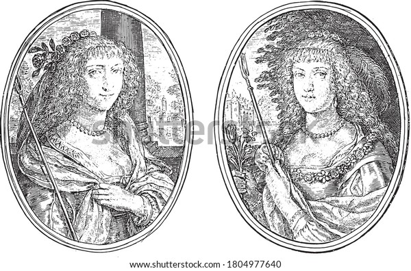 Two\
depictions on an album page. Portraits of two unknown women with\
shepherd\'s staff like Senyburga D.N.T. and Orienda N.T. In the\
background, respectively, vintage\
engraving.
