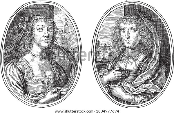Two depictions on an album page.\
Portraits of two unknown women with a shepherd\'s staff, such as\
Museherina N.A. and Cedobeka N.G., vintage\
engraving.