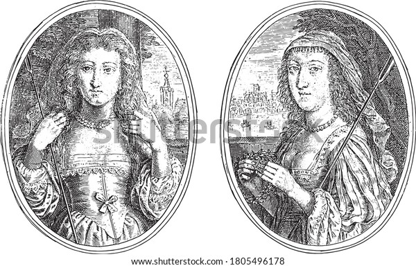 Two depictions on an\
album page. Portraits of two unknown women, with shepherd\'s staff,\
vintage engraving.
