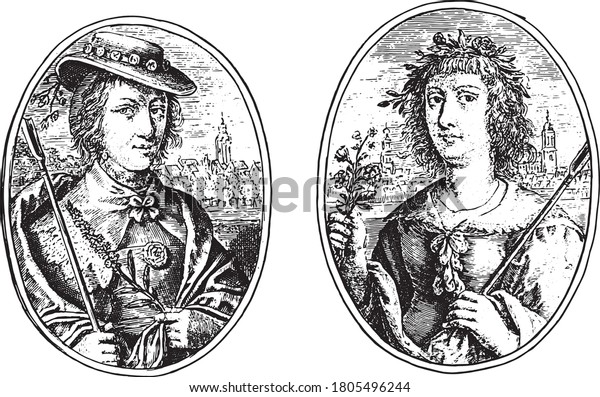 Two\
depictions on an album page. Portraits of two unknown women, both\
with shepherd\'s staff, as Alutea A. and Rosea D. In the background\
of the two portraits a cityscape, vintage\
engraving.