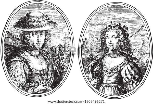 Two\
depictions on an album page. Portraits of two unknown women with\
shepherd\'s staff and flowers, vintage\
engraving.
