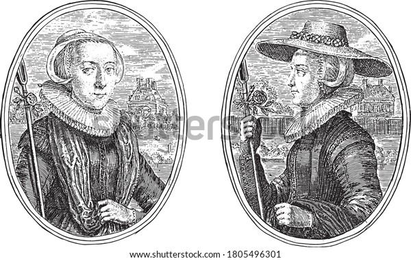 Two depictions on an album page. Portraits of\
two unknown women, both with shepherd\'s staff, as Kosmia\
R.T.D.M.A., vintage\
engraving.