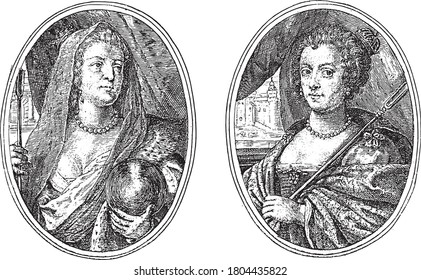 Two depictions on an album sheet. On the left the portrait of Maria de 'Medici as the earth mother Cybele, vintage engraving.