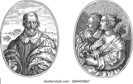 Two depictions on an album sheet. On the left a bearded older man with a money bag in his hand, vintage engraving.