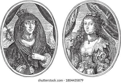 Two depictions on an album sheet. Left the portrait Elisabeth Stuart of Bohemia as Tebassilea R.B. In the background a castle and castle garden, vintage engraving.