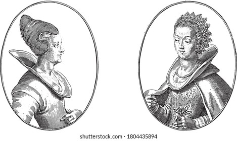 Two depictions on an album sheet. On the left the courtesan called the Schone Malmeuspier and on the right Vrouw Anna L, both from Denmark, vintage engraving.