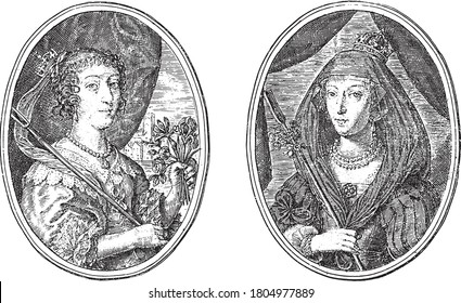 Two depictions on an album sheet. On the left the portrait of Henriette Maria, Queen of England, as Roselinda A.R. Right Christina, vintage engraving.