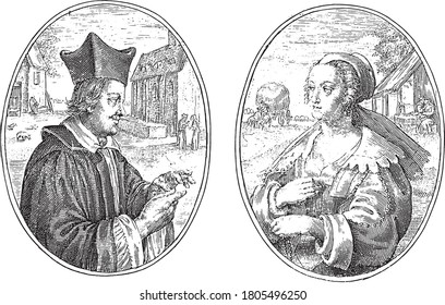 Two depictions on an album sheet. On the left a fictional portrait of a pastor. In the background a farmyard and a church building. The pastor is talking to a woman in front of the church, vintage.