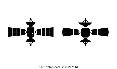 Two depictions of a sputnik satellite in black silhouette against a white background spacecraft orbital vehicle
