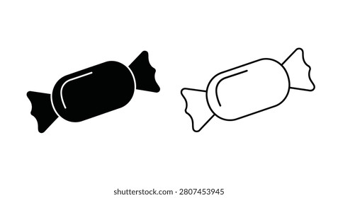 Two depictions of wrapped candy are shown, rendered as a black silhouette and a white outline, with a distinctive silhouette