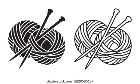 Two depictions of a yarn ball with knitting needles, rendered as a black and white silhouette. The style is graphic