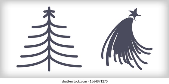 Two design abstract christmas tree on white backdrop. Vector illustration greeting card or Happy new year, merry christmas.