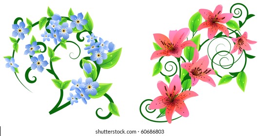 Two design elements with fresh leaves and flowers