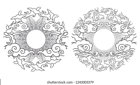 Two design elements in oriental style. Sun in the sky. Vector hand drawn illustration