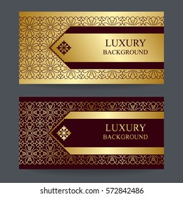 Two design template for premium gift certificate, card, voucher, banners, labels, goods packaging luxury in a trendy linear style. Bright background with gold foil on brown backdrop