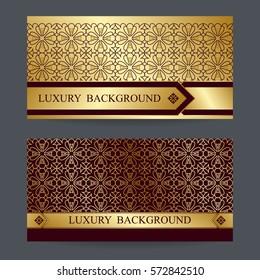 Two design template for premium gift certificate, card, voucher, banners, labels, goods packaging luxury in a trendy linear style. Bright background with gold foil on brown backdrop