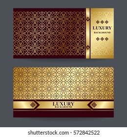 Two design template for premium gift certificate, card, voucher, banners, labels, goods packaging luxury in a trendy linear style. Bright background with gold foil on brown backdrop