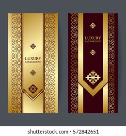 Two Design Template For Premium Gift Certificate, Card, Voucher, Banners, Labels, Goods Packaging Luxury In A Trendy Linear Style. Bright Background With Gold Foil On Brown Backdrop