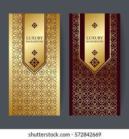 Two design template for premium gift certificate, card, voucher, banners, labels, goods packaging luxury in a trendy linear style. Bright background with gold foil on brown backdrop