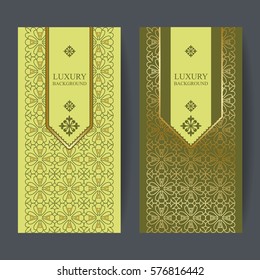 Two design template for premium gift certificate, card, voucher, banners, labels, goods packaging luxury or organic products in a trendy linear style. Gold foil on green background