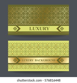 Two design template for premium gift certificate, card, voucher, banners, labels, goods packaging luxury or organic products in a trendy linear style. Gold foil on green background