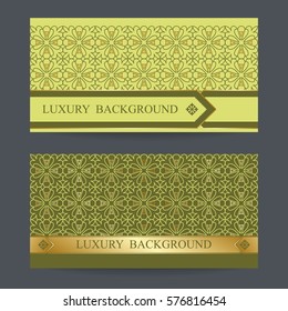 Two design template for premium gift certificate, card, voucher, banners, labels, goods packaging luxury or organic products in a trendy linear style. Gold foil on green background