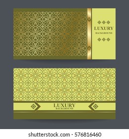 Two design template for premium gift certificate, card, voucher, banners, labels, goods packaging luxury or organic products in a trendy linear style. Gold foil on green background