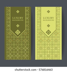Two design template for premium gift certificate, card, voucher, banners, labels, goods packaging luxury or organic products in a trendy linear style. Gold foil on green background