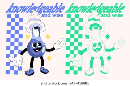 Two design variations of a measuring flask mascot filled with bubbling chemicals and emitting steam, representing scientists. The mascot has a cheerful facial expression and groovy cartoon style
