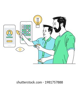 Two designer man share ideas mobile app The user interface (UI) at the office. Outline illustration.
