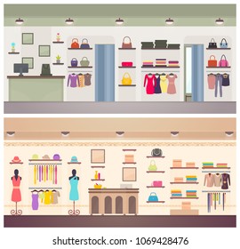 Two designs of female clothing shops vector banner, illustration with dresses and handbags female hattocks and other accessory, vogue shop interiors