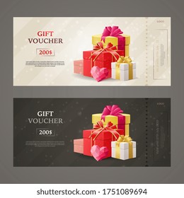 Two designs for gift vouchers with colorful gift-wrapped presents tied with bows and space for text and promotional offer, colored vector illustration