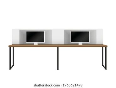 Two desks with computer monitors for office or classroom realistic vector illustration