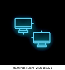 Zwei Desktop-Computer leuchten blau als Neonzeichen auf schwarzem Hintergrund