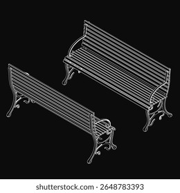 Two detailed 3D benches stand out against a black background with clean white lines and realistic curves. The intricate design highlights the street furniture's structure and form.