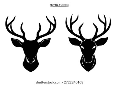 Dos siluetas detalladas de cabeza de ciervo negro con cornamentas ramificadas, un gráfico de Vector llamativo.