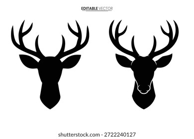 Two detailed black deer head silhouettes, perfect for nature-themed designs and illustrations.