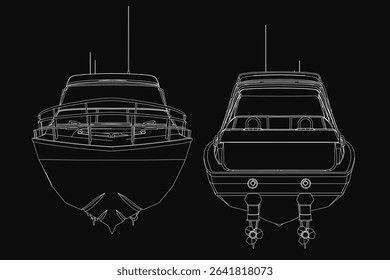 Two detailed black and white boats with unique designs float on a dark background, showcasing intricate hulls and sails. The minimalist sports-themed illustration highlights clean lines and nautical.