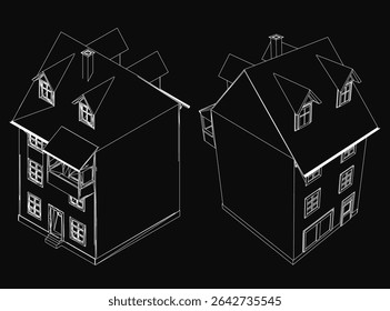 Two detailed black and white houses stand side by side on a dark background, each with unique architectural features. The intricate drawing highlights windows, doors, and textured roofs.