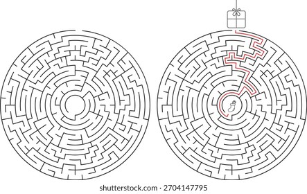 Dos laberintos circulares detallados se muestran uno al lado del otro. El laberinto derecho muestra un camino resuelto resaltado en rojo.